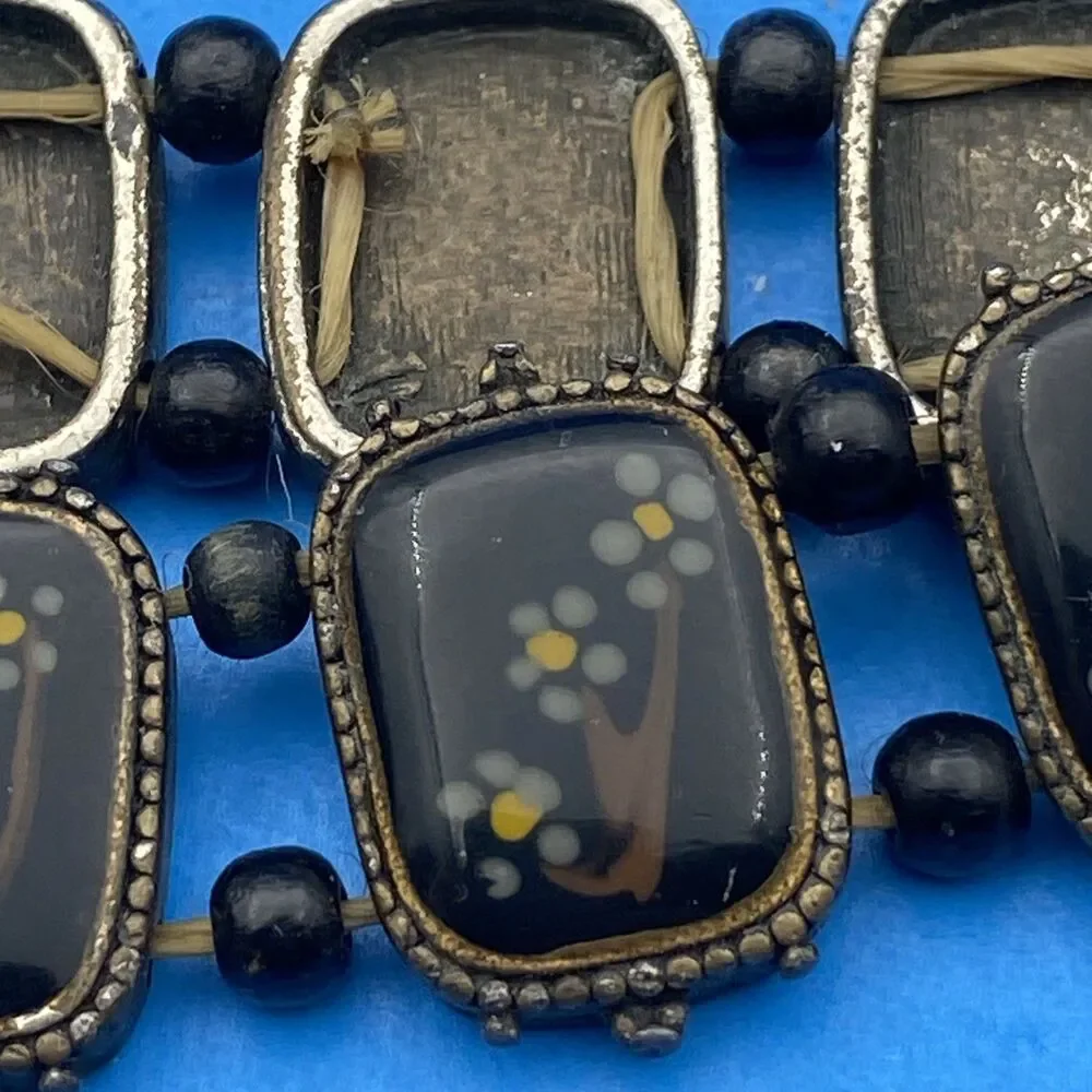 Art Deco Czech Style Black Glass Floral 10 Panel Stretch Bracelet Vintage